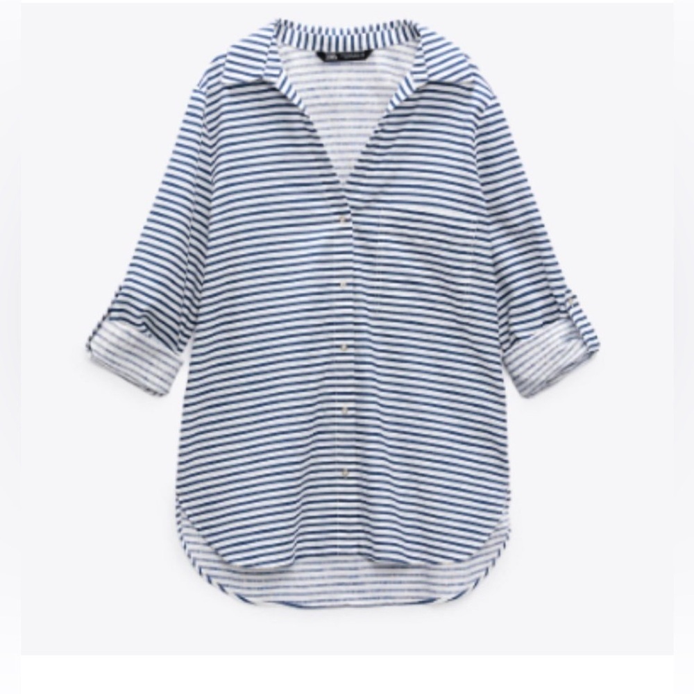 Zara Navy and White Striped Linen Blend Casual Button-Down Shirt Size XL
